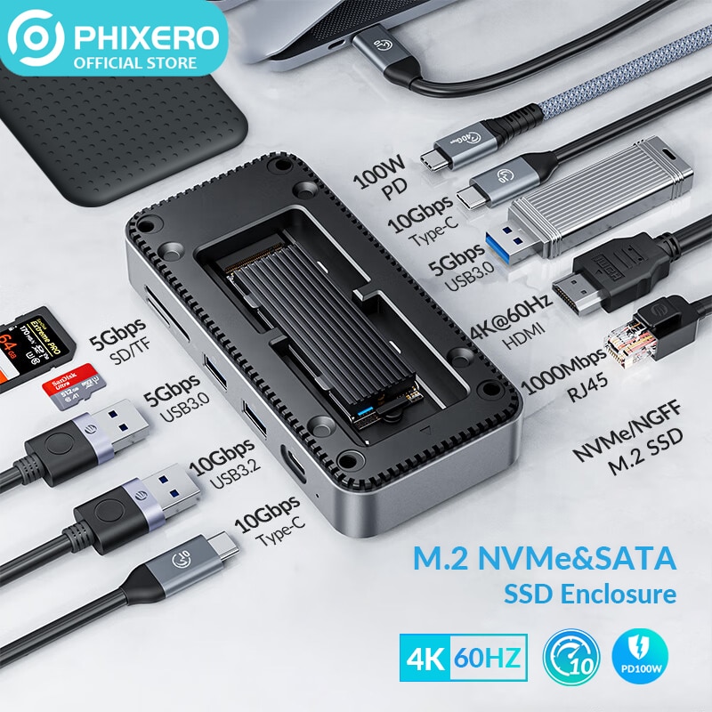 PHIXERO 노트북 맥북 프로용 도킹 스테이션, M.2 SSD 인클로저 포함, USB C 10Gbps PD 100W RJ45 SD/TF 4K 10 in 1